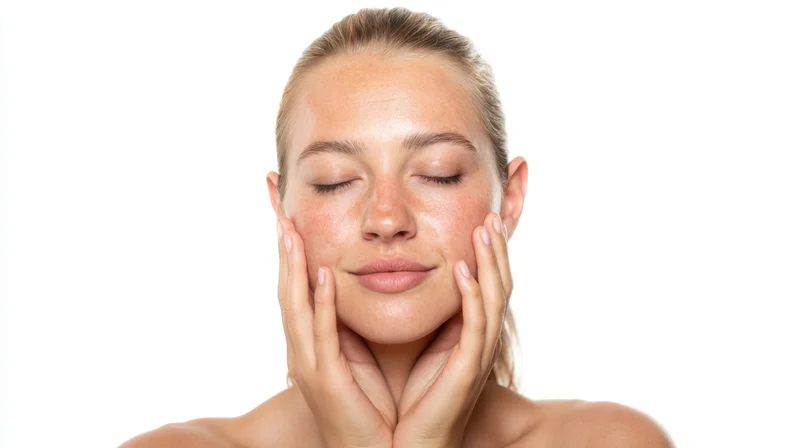 Young woman with closed eyes gently touching her face with hands against white background