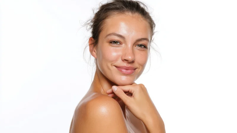Young woman smiling with hand on neck against white background