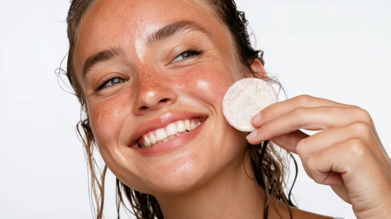 Young woman smiling while holding a round facial cleanser pad against her cheek on white background