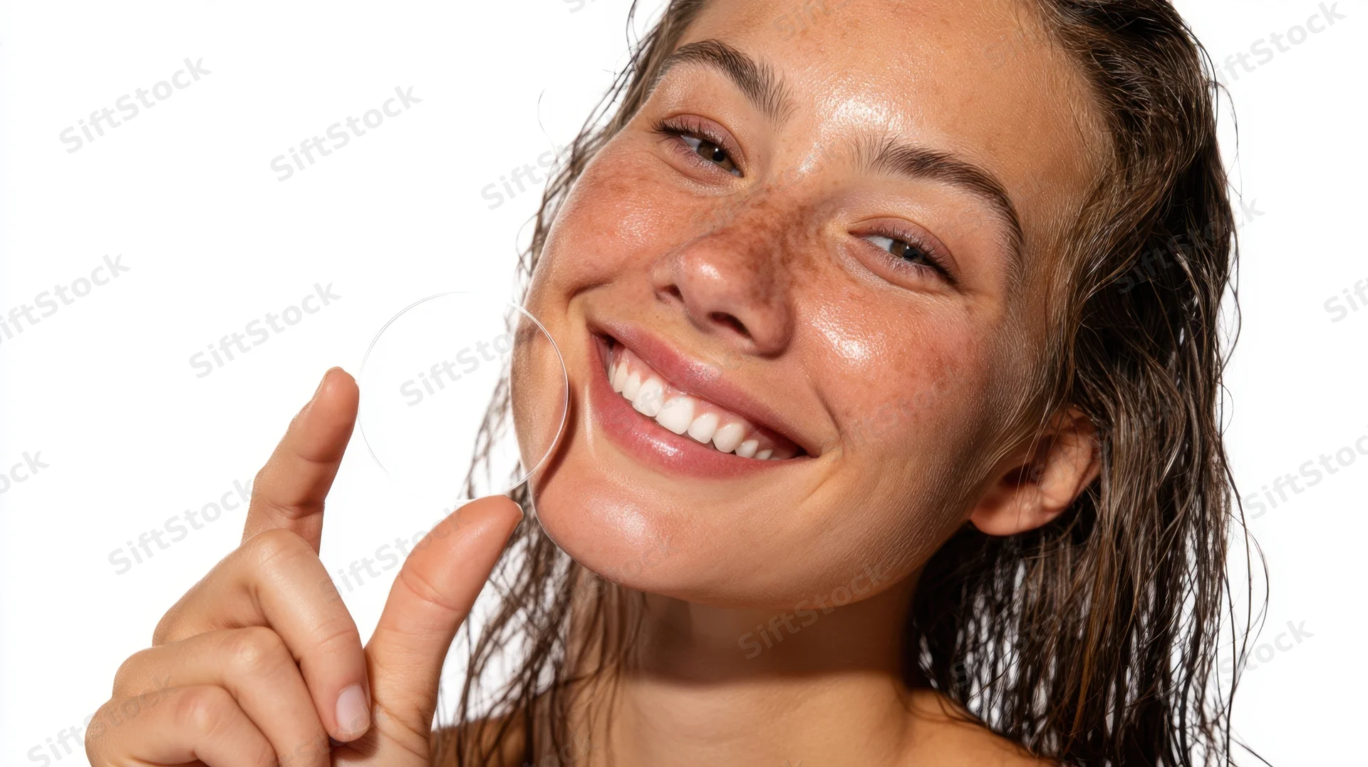 Young woman smiling with wet hair holding skincare product against white background