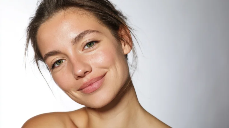 Young woman smiling with clear skin in studio portrait against white background