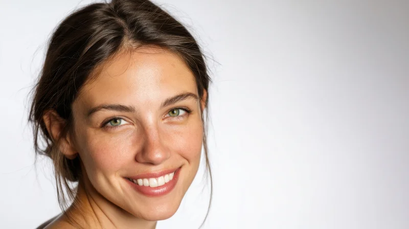 Young woman smiling in a studio portrait with white background and copyspace