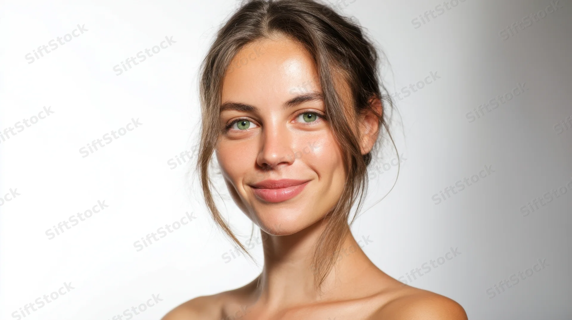 Young woman smiling with natural skin and green eyes in studio portrait