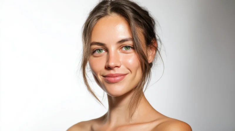 Young woman smiling with natural skin and green eyes in studio portrait