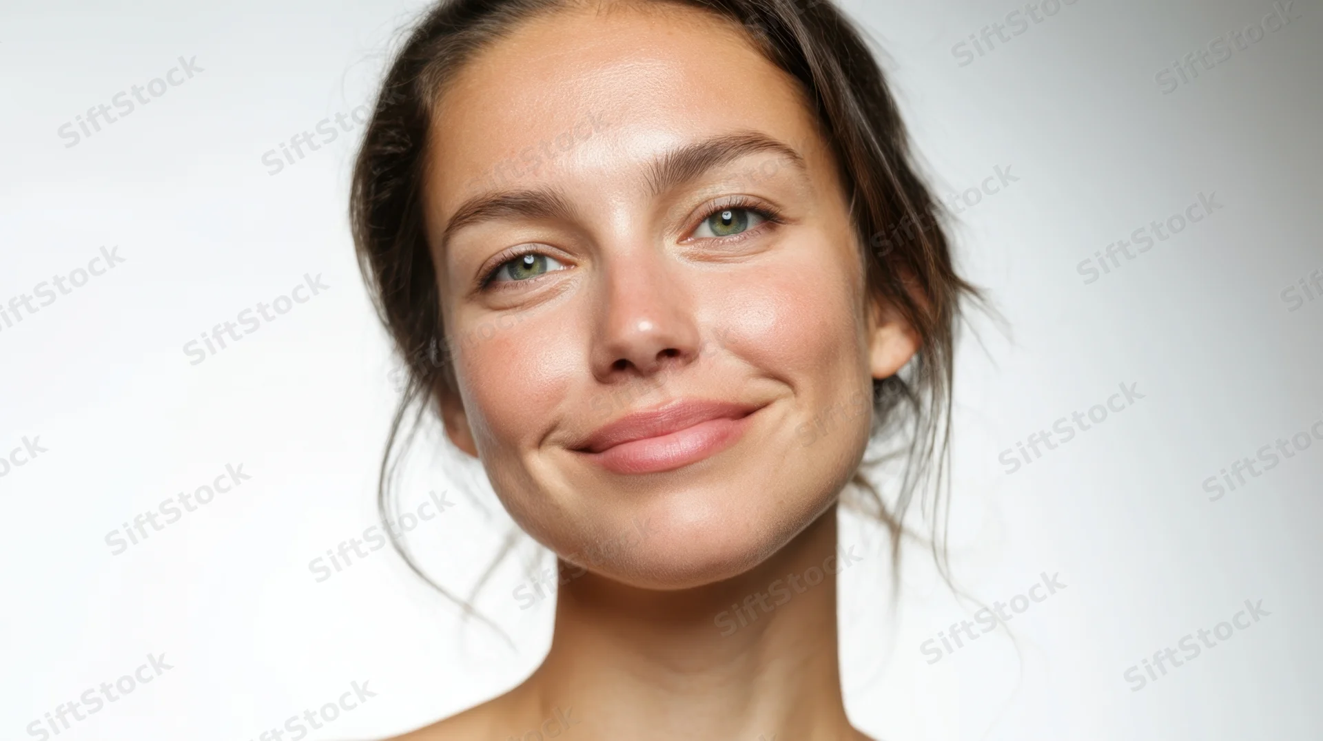 Young woman smiling with clear skin in studio portrait against white background
