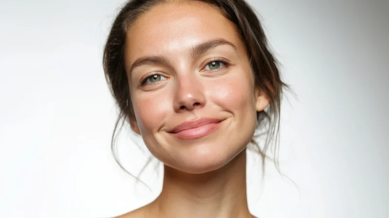 Young woman smiling with clear skin in studio portrait against white background