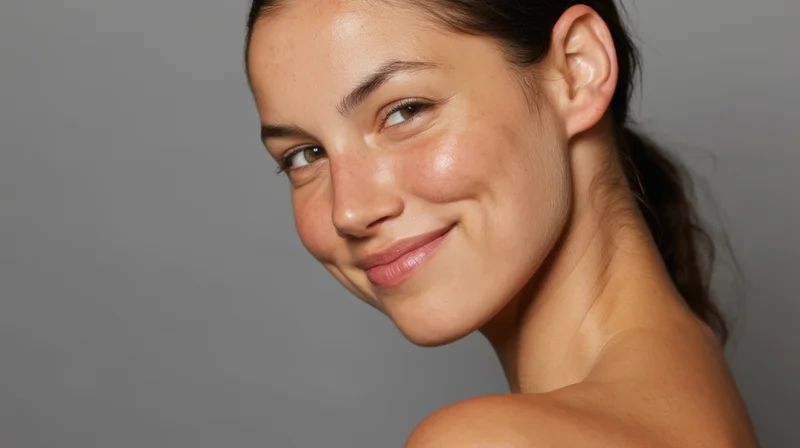 Young woman smiling with natural glowing skin in studio portrait