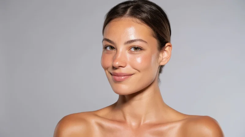 Young woman smiling with glowing skin in studio portrait