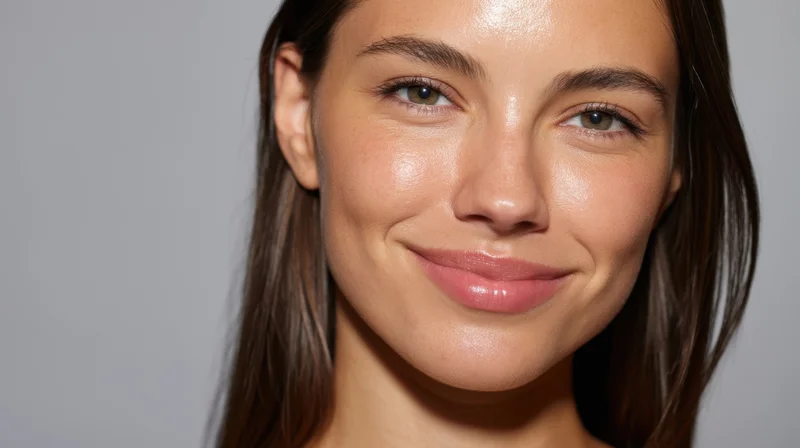 Closeup portrait of a smiling young woman with glowing skin against a gray background