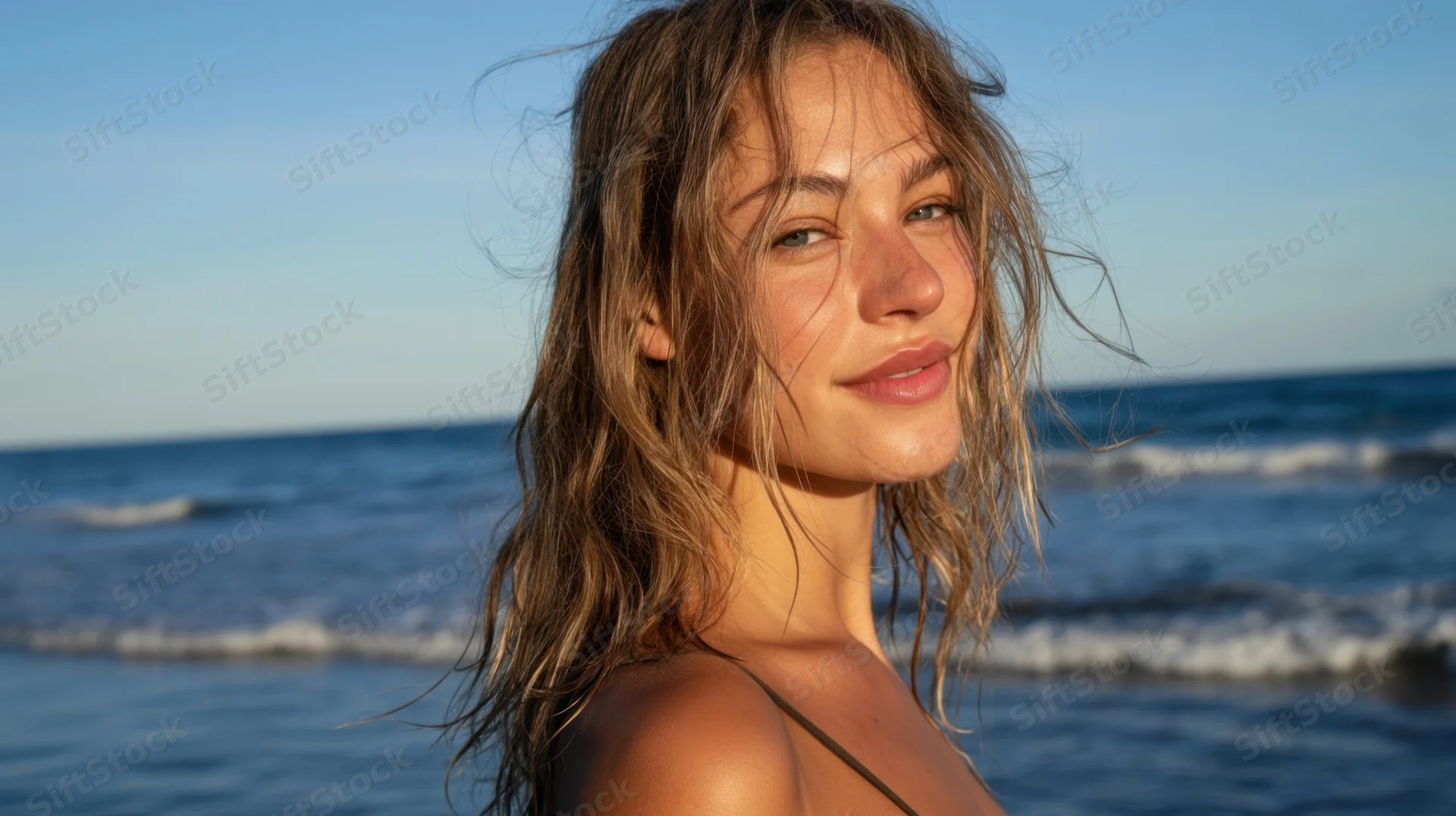 Young woman smiling in profile on a beach with wet windblown hair and ocean waves behind her