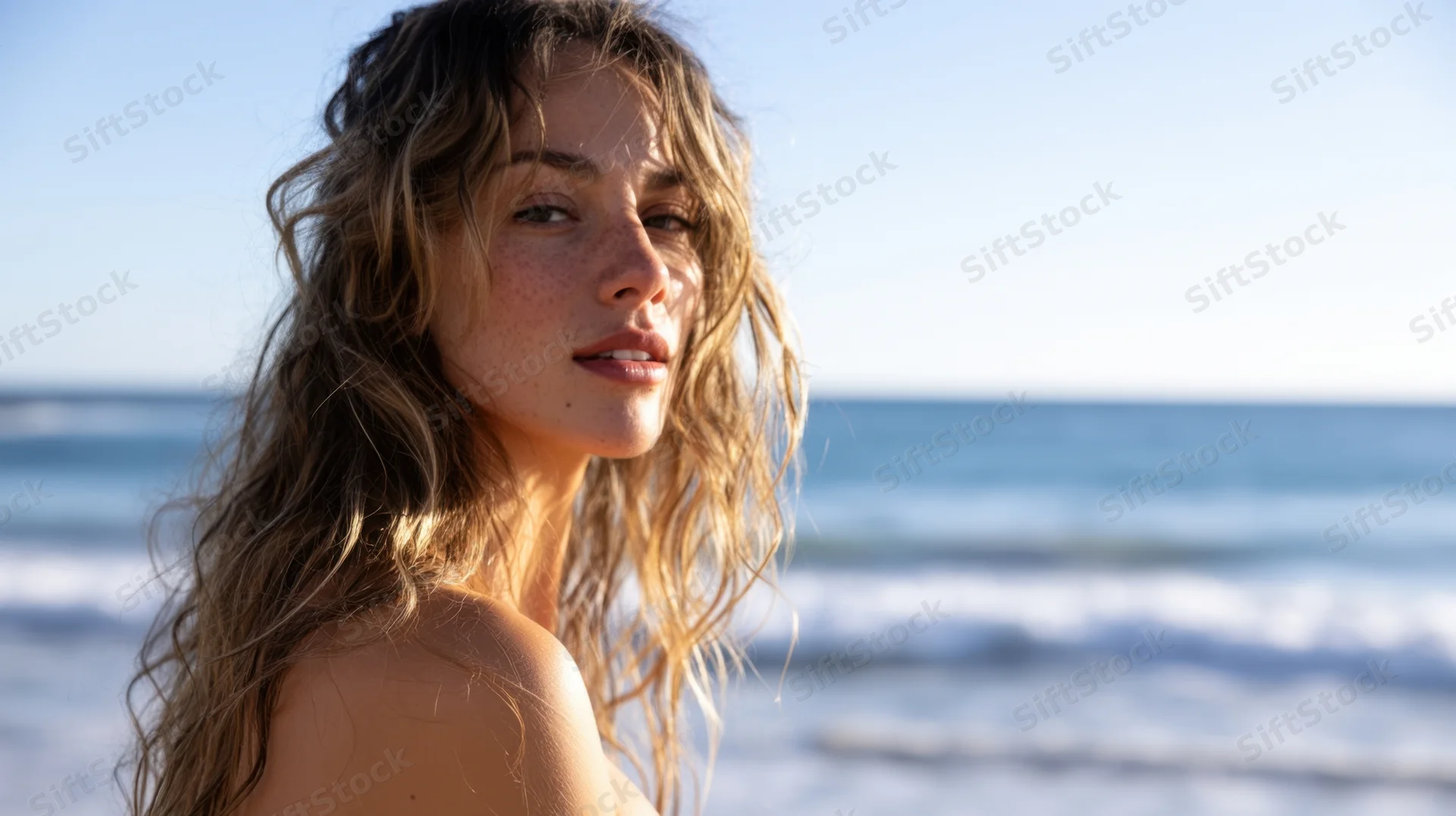 Young woman with wavy hair standing on beach facing ocean