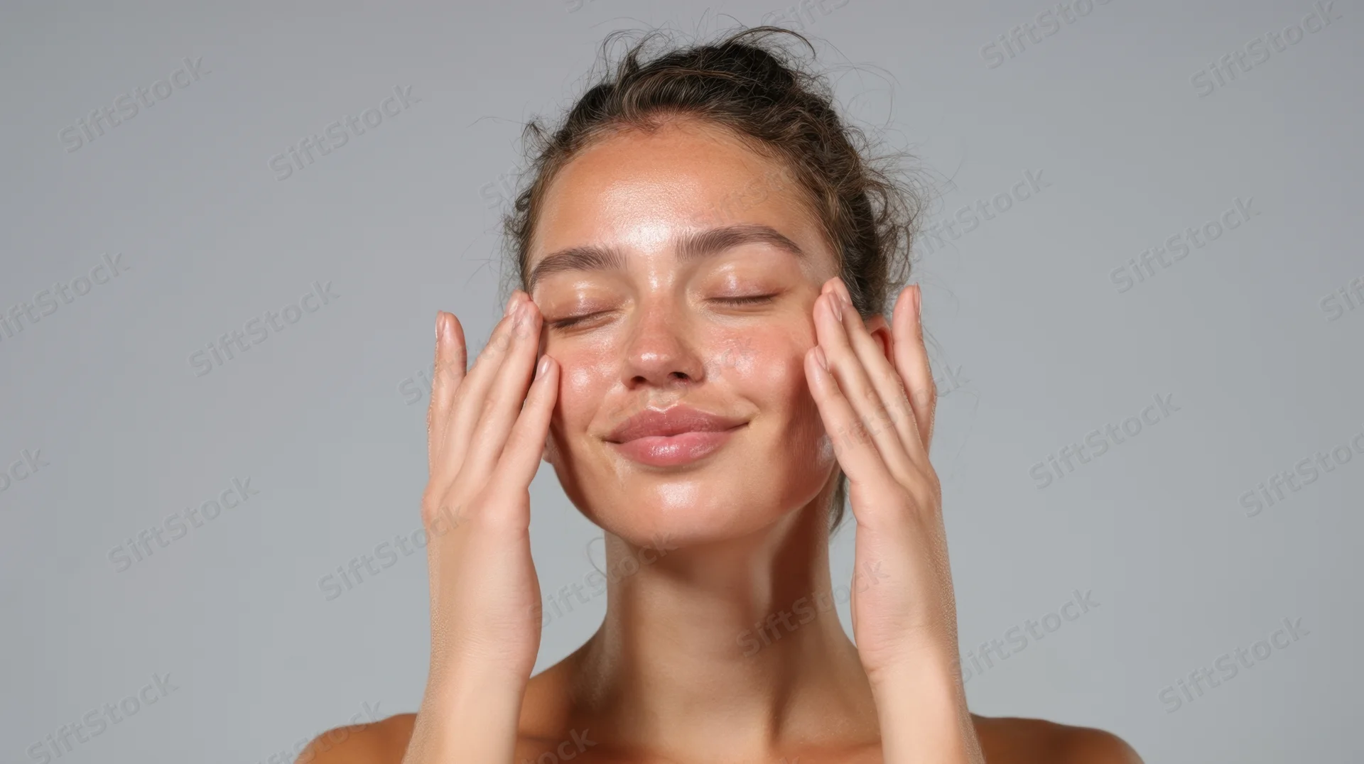 Young woman applying skincare product to her face with hands, eyes closed, smiling, in studio setting