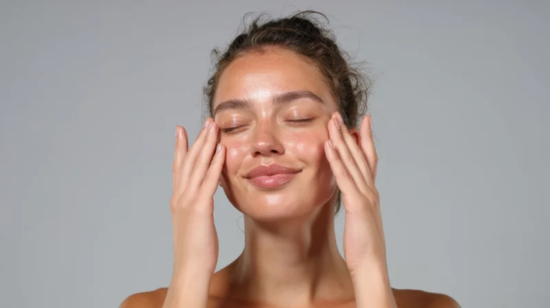 Young woman applying skincare product to her face with hands, eyes closed, smiling, in studio setting