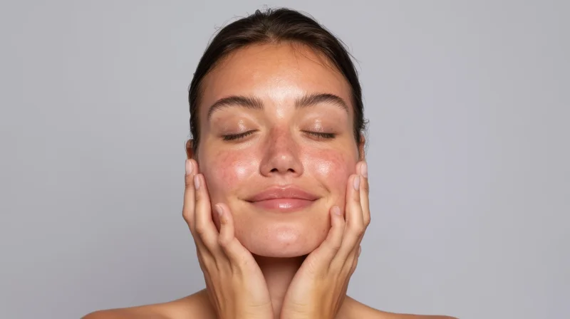 Young woman with closed eyes holding her face gently against a neutral background