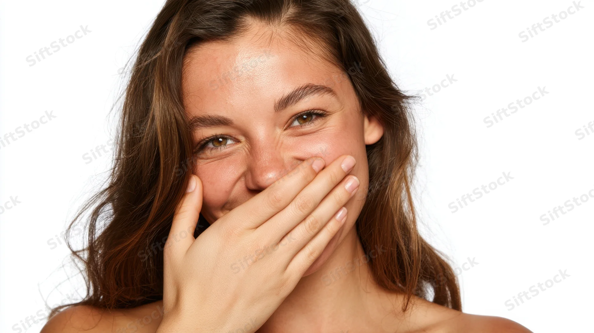 Young woman laughing with hand over mouth in studio portrait