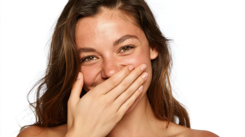 Young woman laughing with hand over mouth in studio portrait