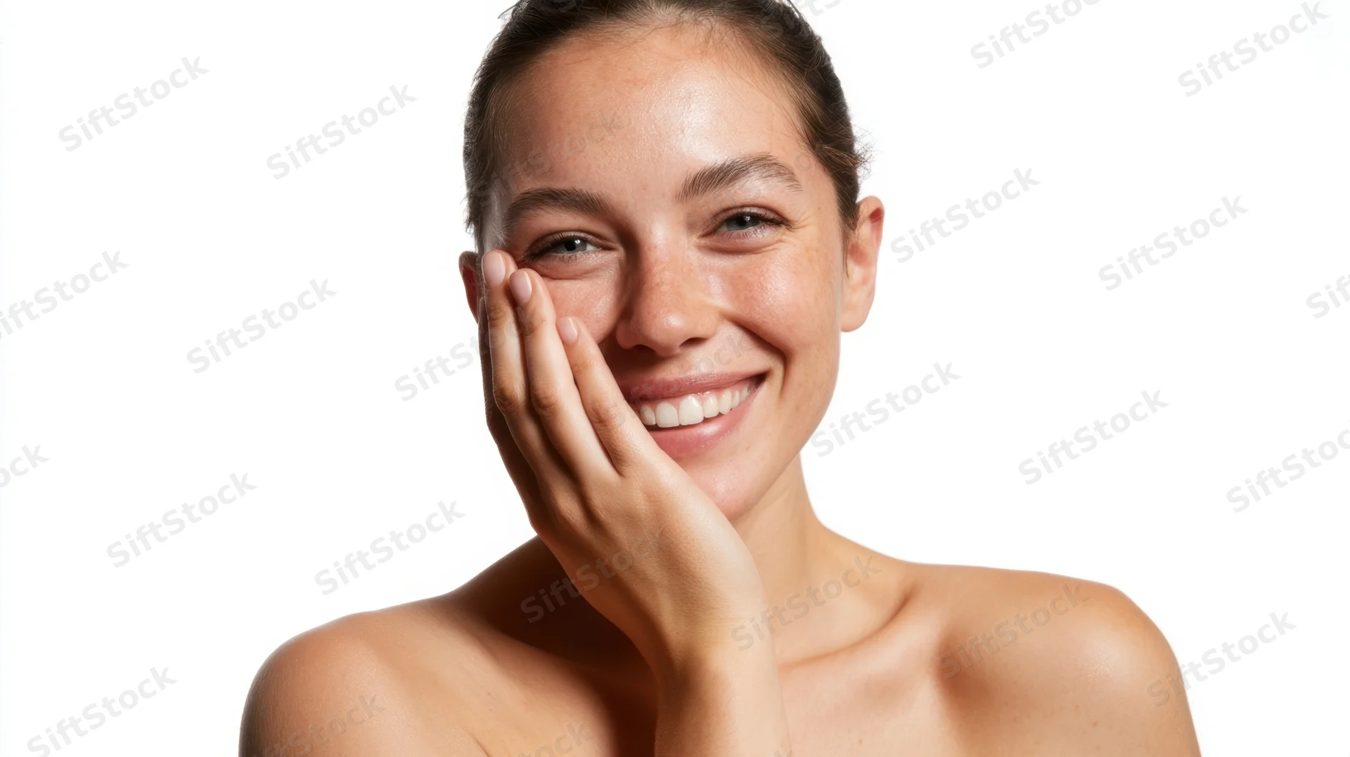 Young woman smiling with hand on cheek against white background