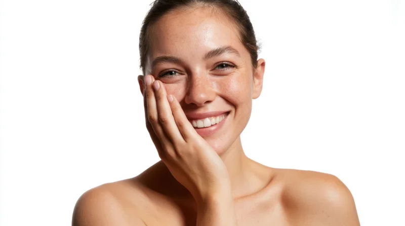 Young woman smiling with hand on cheek against white background