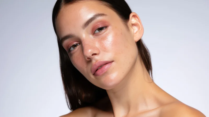 Young woman with natural makeup and glowing skin in studio portrait