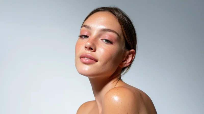 Young woman with glowing skin in studio portrait, bare shoulders, soft lighting