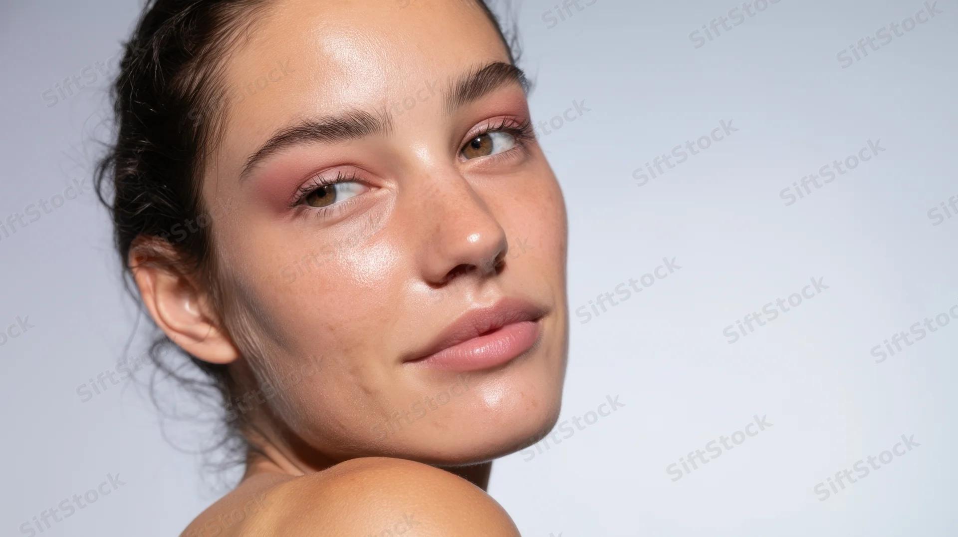 Young woman with glowing skin in studio portrait, soft lighting, neutral background, copyspace on right