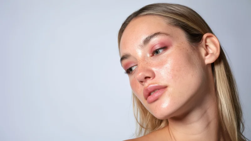 Young woman with natural makeup and freckles in studio portrait with copyspace