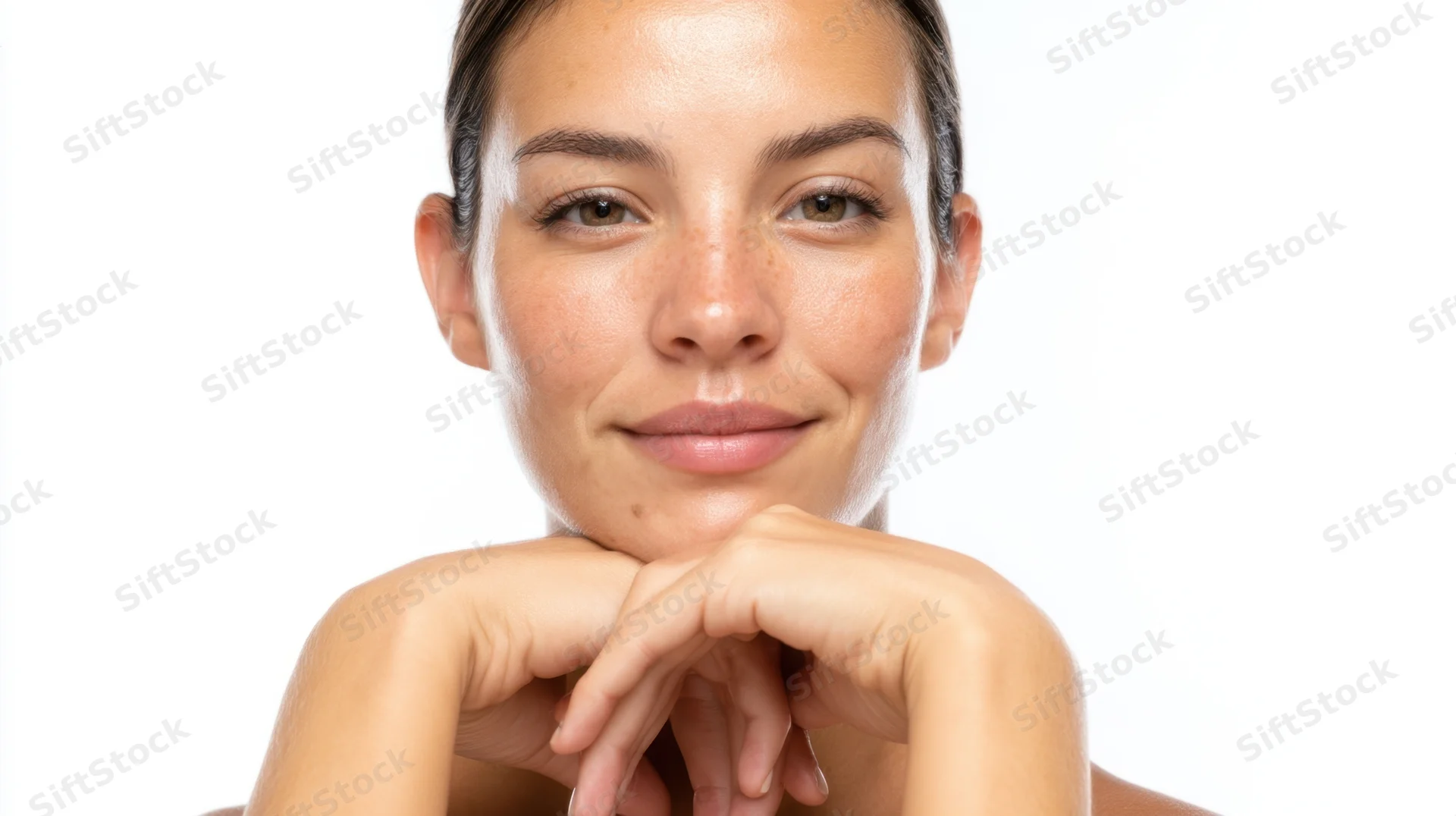 Young woman with smooth glowing skin resting chin on hands against white background