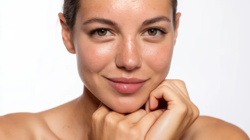 Young woman smiling with hands under chin, bare shoulders, white background