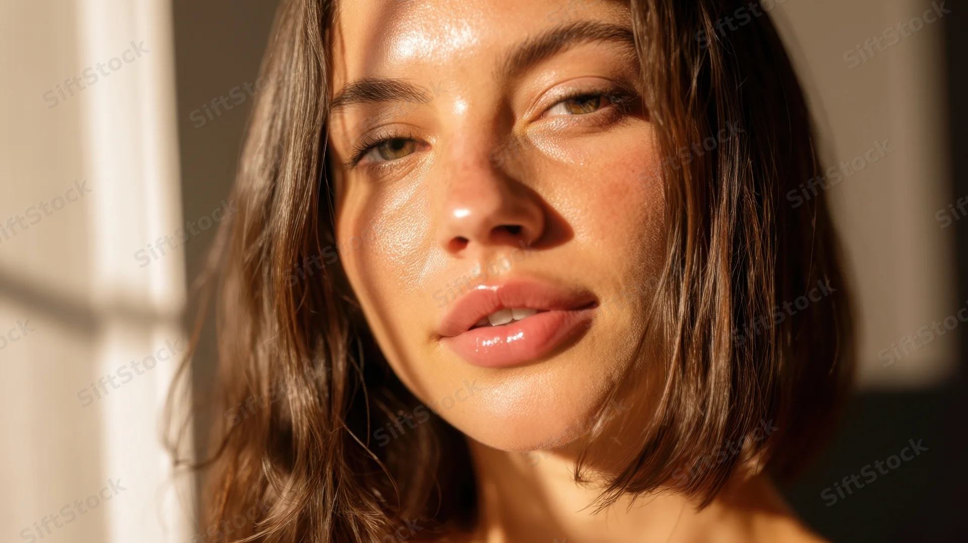 Young woman with glowing skin in soft sunlight near window