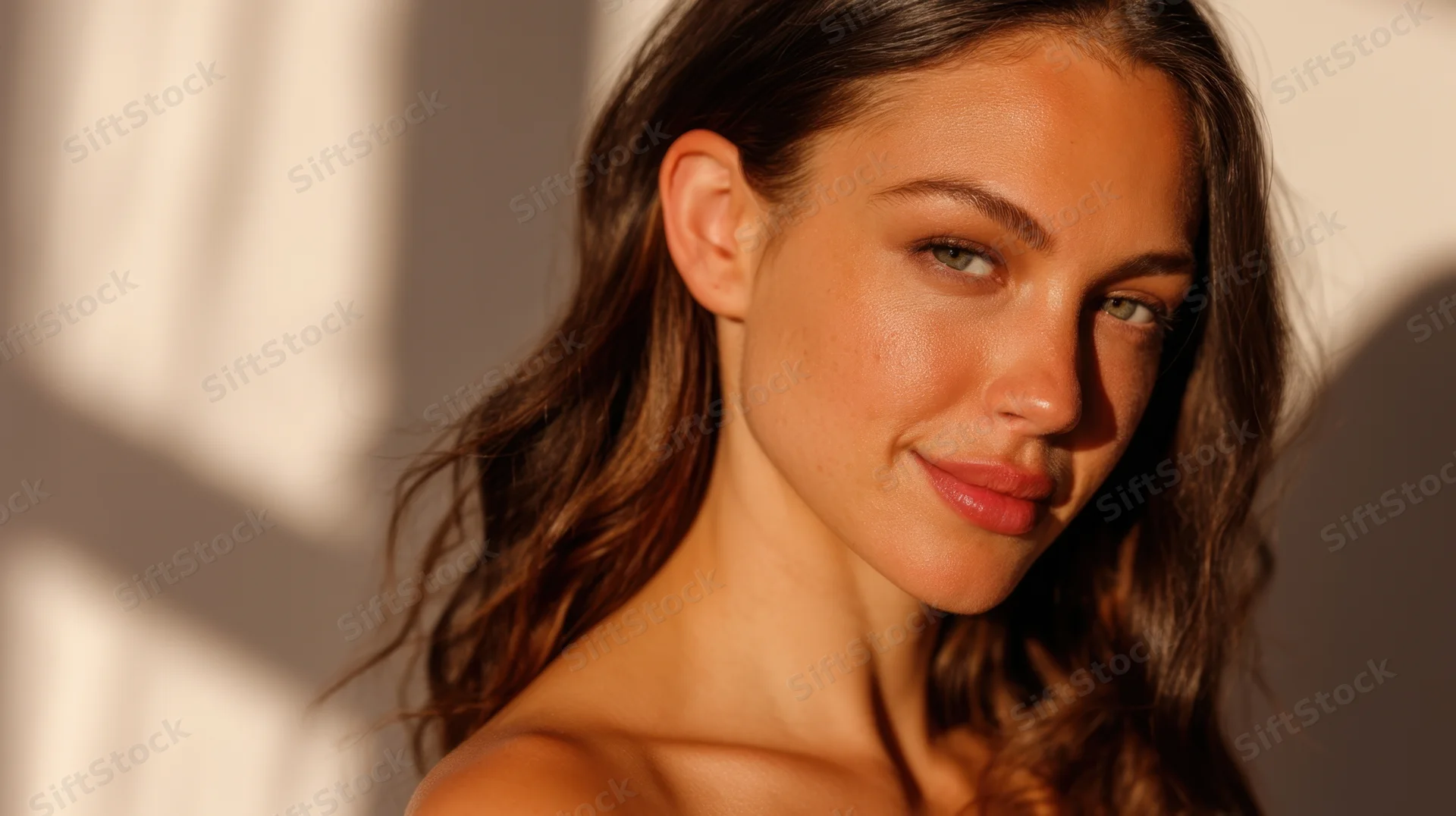 Young woman smiling with radiant skin in soft sunlight indoors