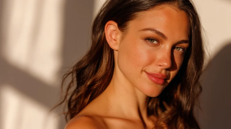 Young woman smiling with radiant skin in soft sunlight indoors