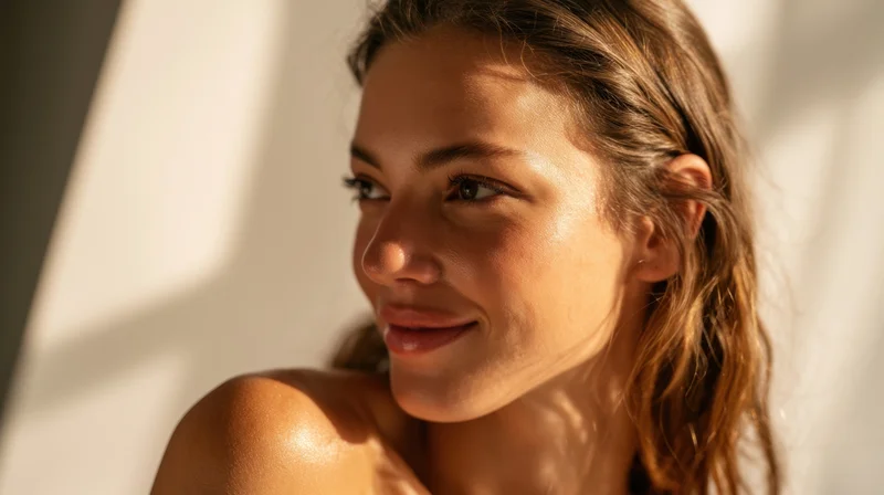 Young woman smiling in warm sunlight, closeup portrait showing glowing skin and natural beauty