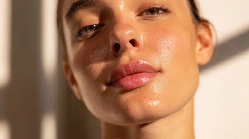 Closeup of a young woman's face with glowing skin in soft sunlight