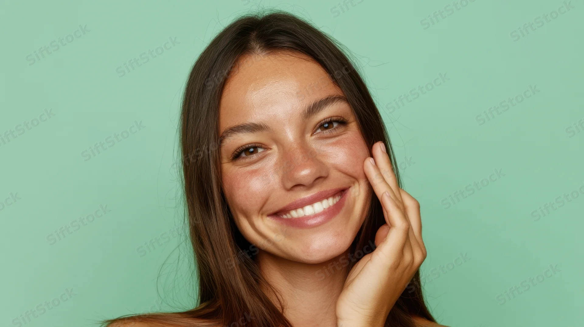 Young woman smiling with hand on cheek against mint green background