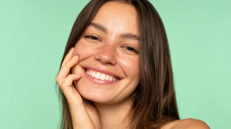 Young woman smiling with hand on cheek against mint green background