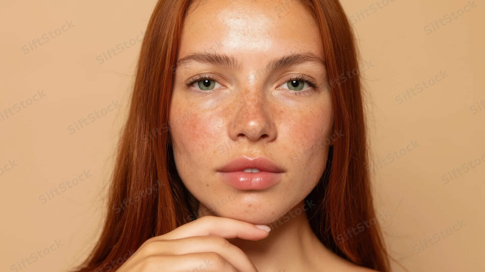 Young woman with red hair and freckles touching her chin in studio portrait