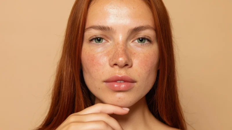 Young woman with red hair and freckles touching her chin in studio portrait