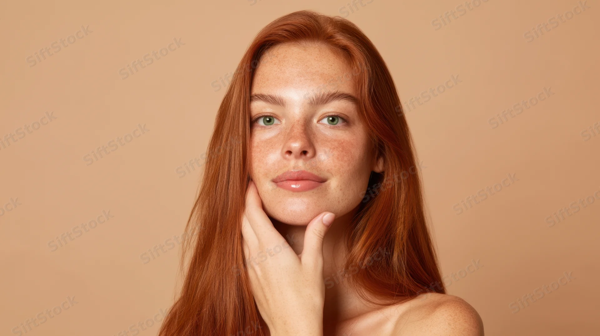 Young woman with red hair and freckles touching her chin in a studio portrait