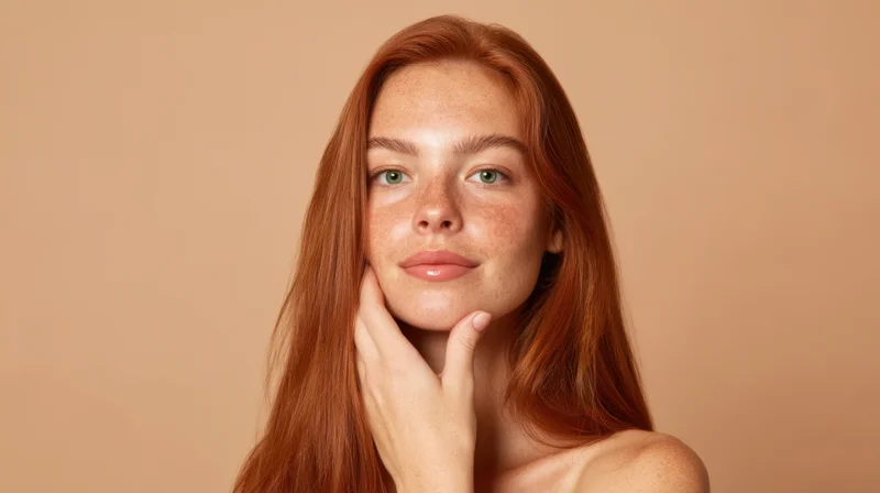 Young woman with red hair and freckles touching her chin in a studio portrait