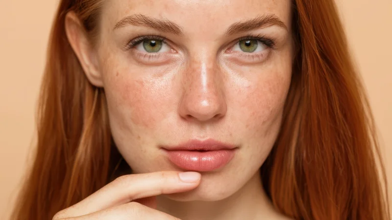 Young woman with red hair and freckles touching her chin in a studio portrait