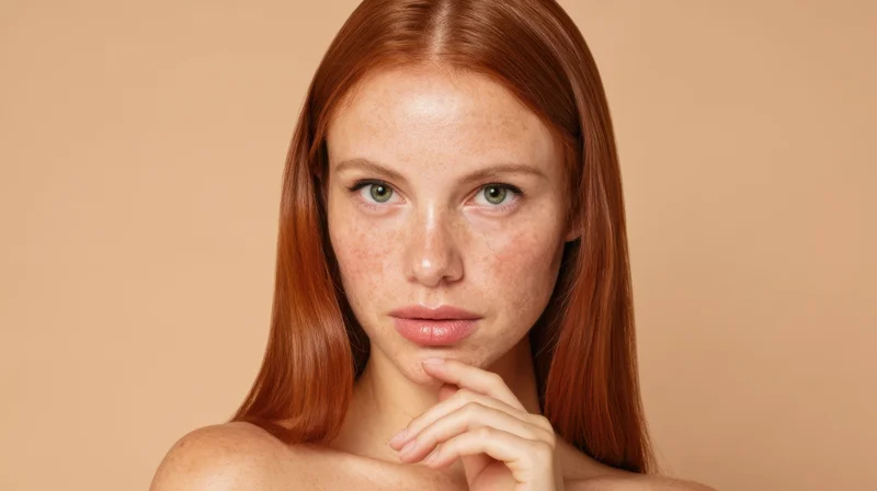 Young woman with red hair and freckles touching her chin in studio portrait