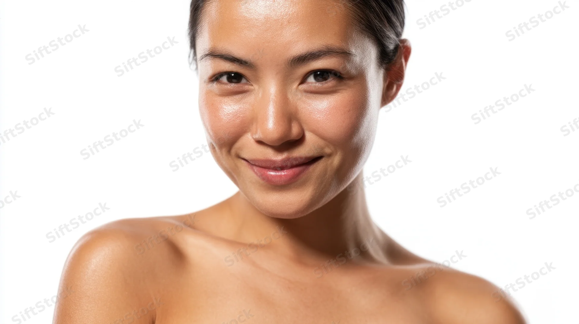 Young asian woman smiling with glowing skin in studio portrait