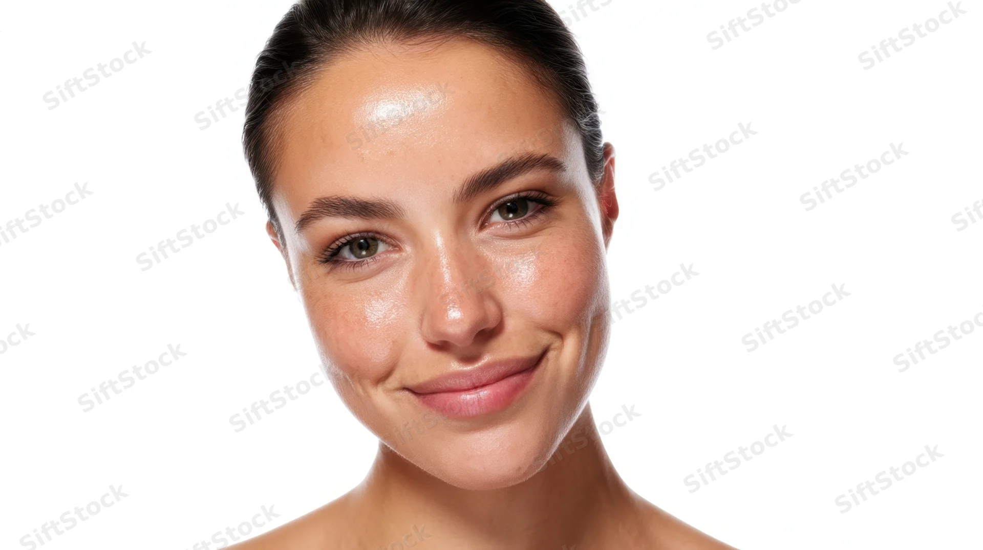 Young woman with glowing natural skin smiling in studio portrait