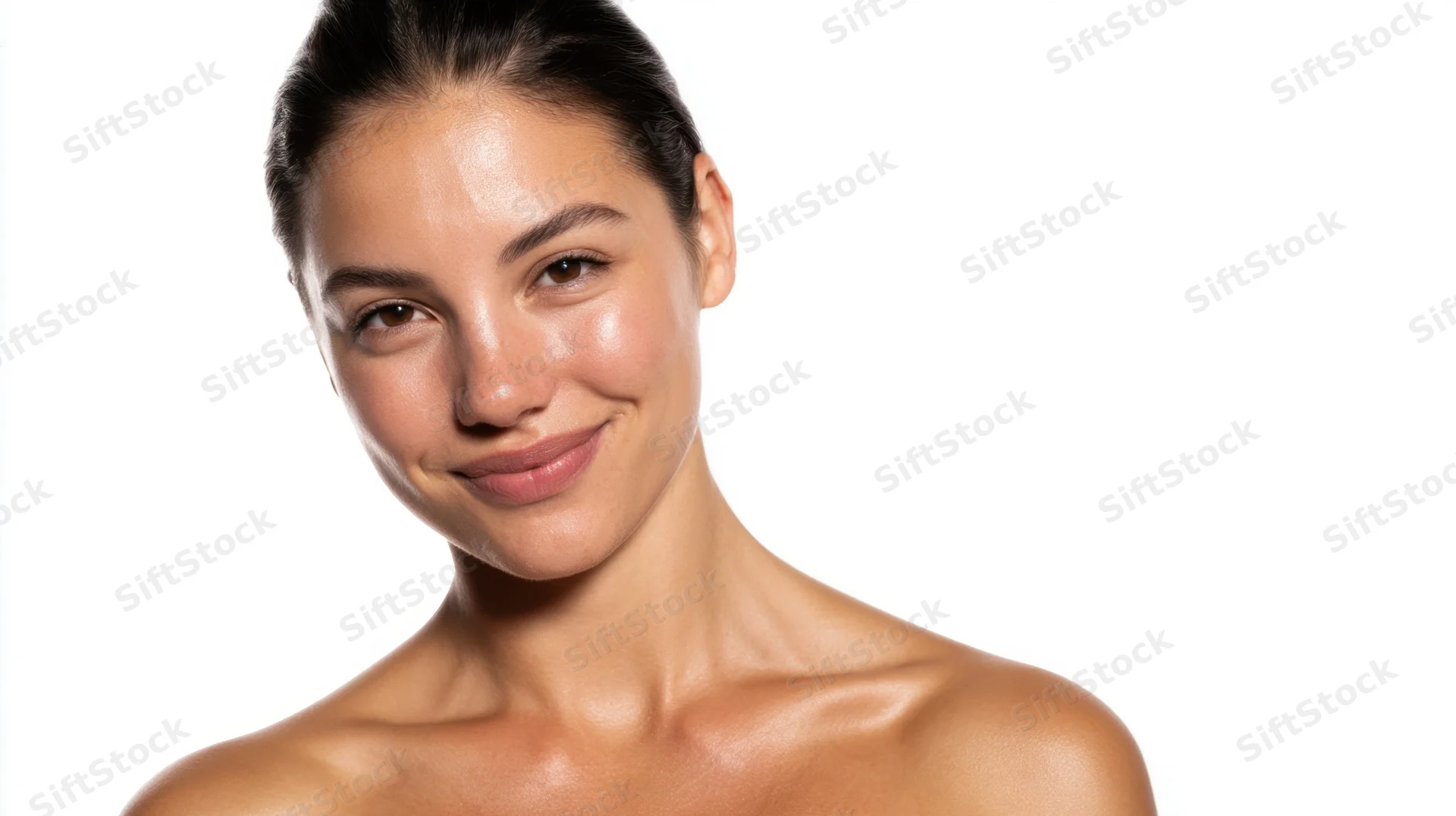 Young woman with smooth radiant skin smiling at camera in studio portrait