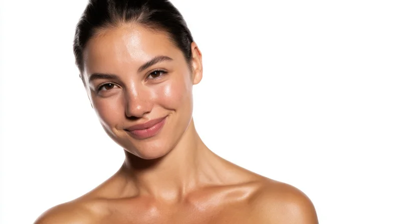 Young woman with smooth radiant skin smiling at camera in studio portrait