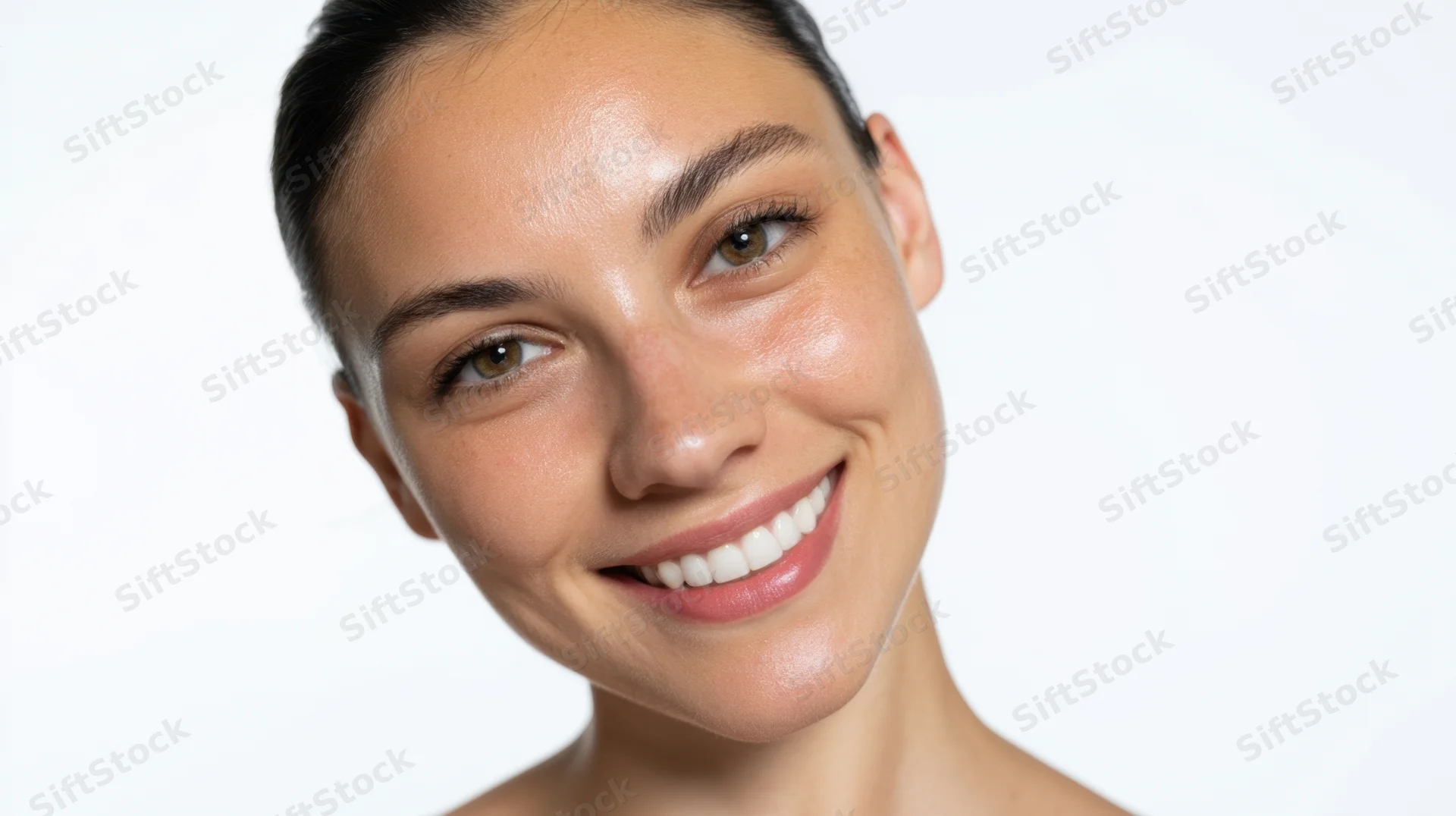 Young woman smiling with clear skin in studio portrait against white background