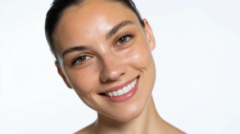 Young woman smiling with clear skin in studio portrait against white background