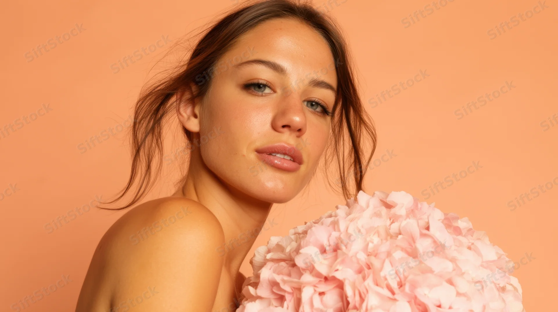 Young woman holding pink floral bouquet in studio portrait