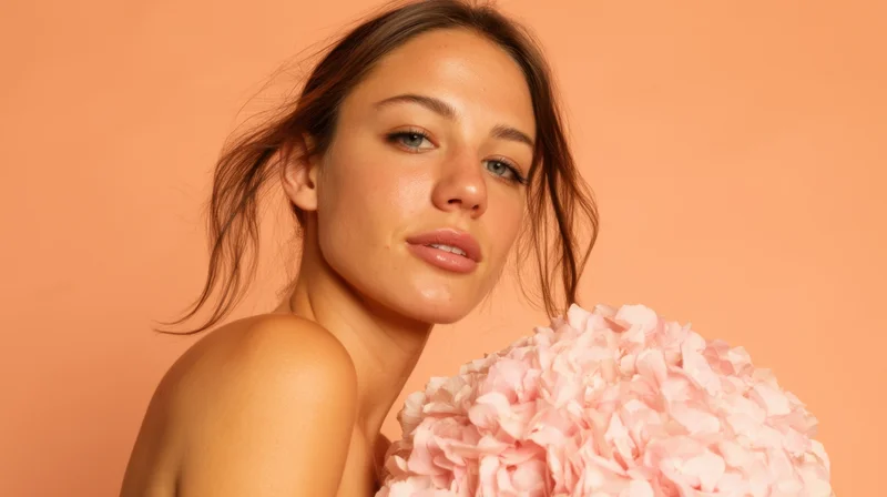 Young woman holding pink floral bouquet in studio portrait