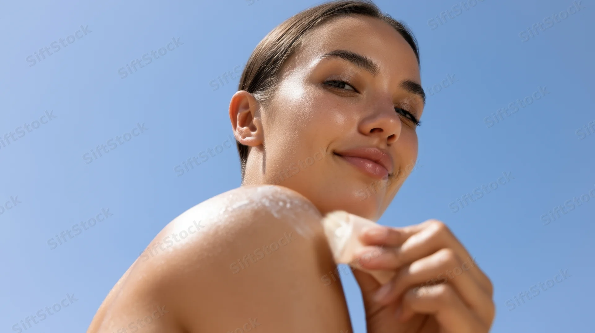 Young woman applying sunscreen to her shoulder outdoors under blue sky